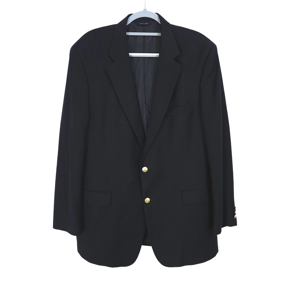 Brooks Brothers BrooksEase Navy Blue Wool Blazer Gold Crest Buttons 44 Long
